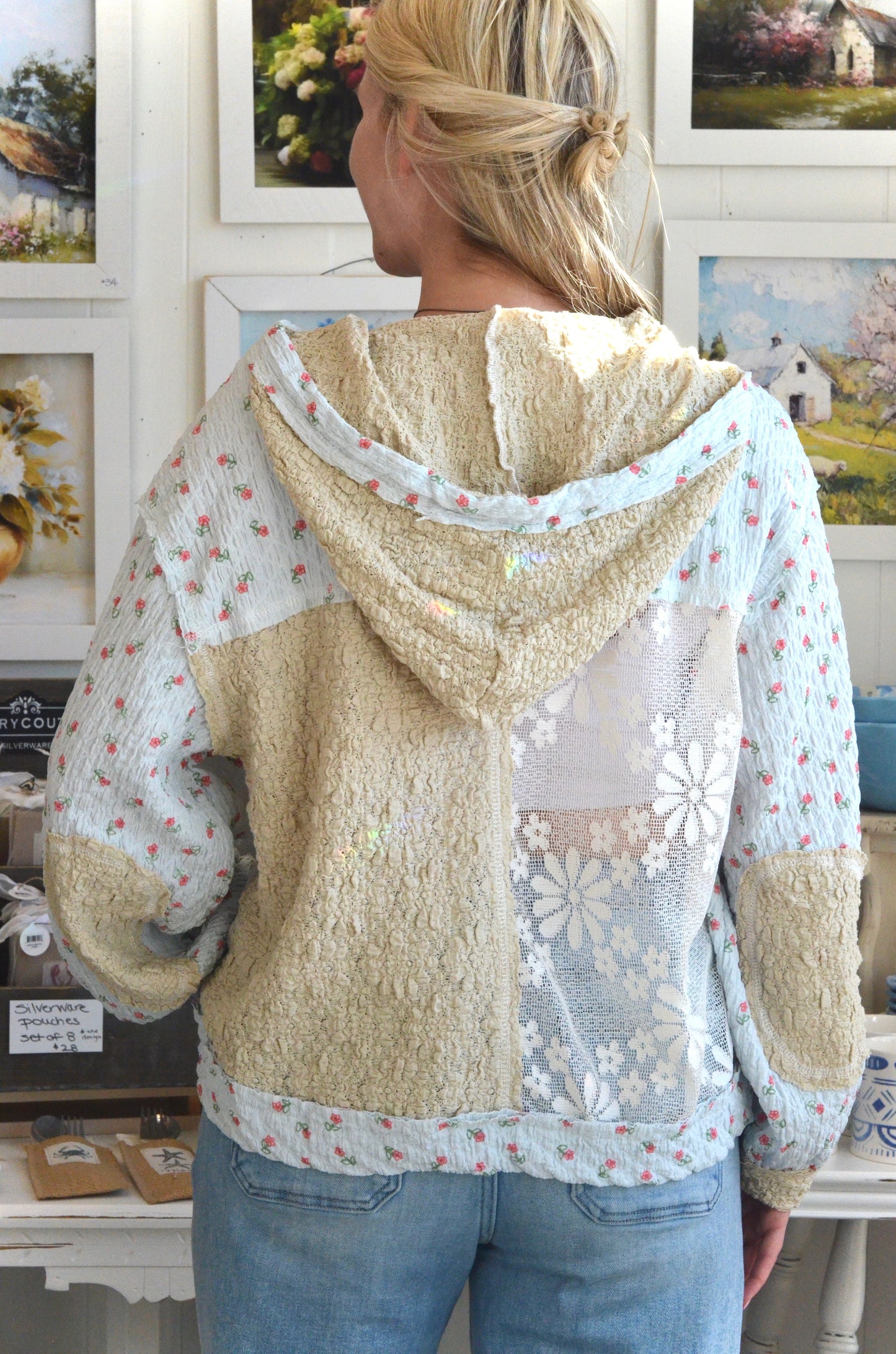 Powder Blue Mixed Fabrics Hoodie Top