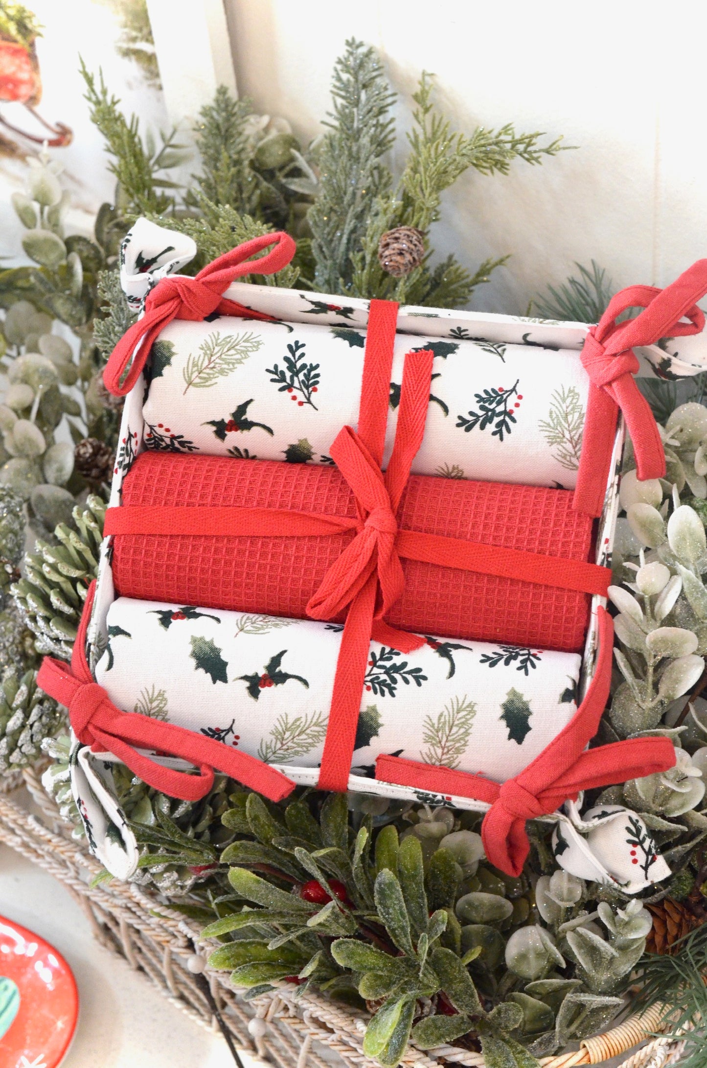 Holiday Tea Towels in a Fabric Box